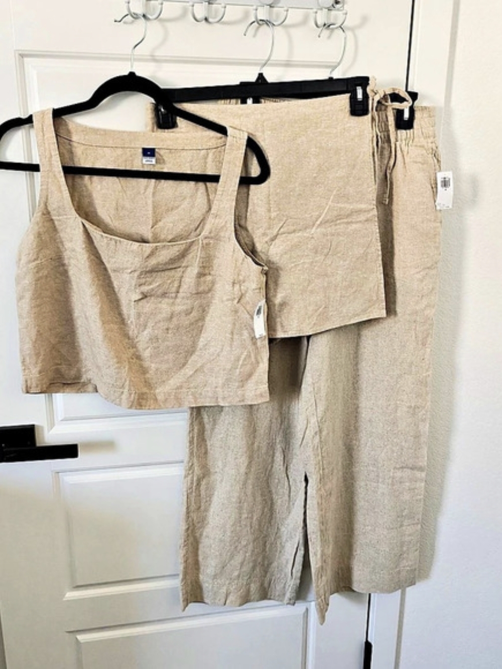 Old Navy 3 Piece Linen Set - Crop Top, Skort, Linen Wide Leg Pants (Beige)